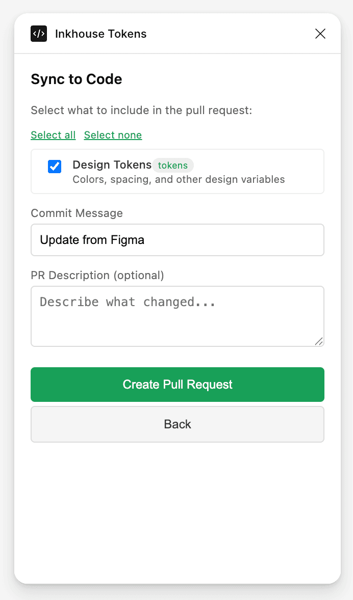 Inkbridge plugin Sync to Code panel with Create Pull Request button