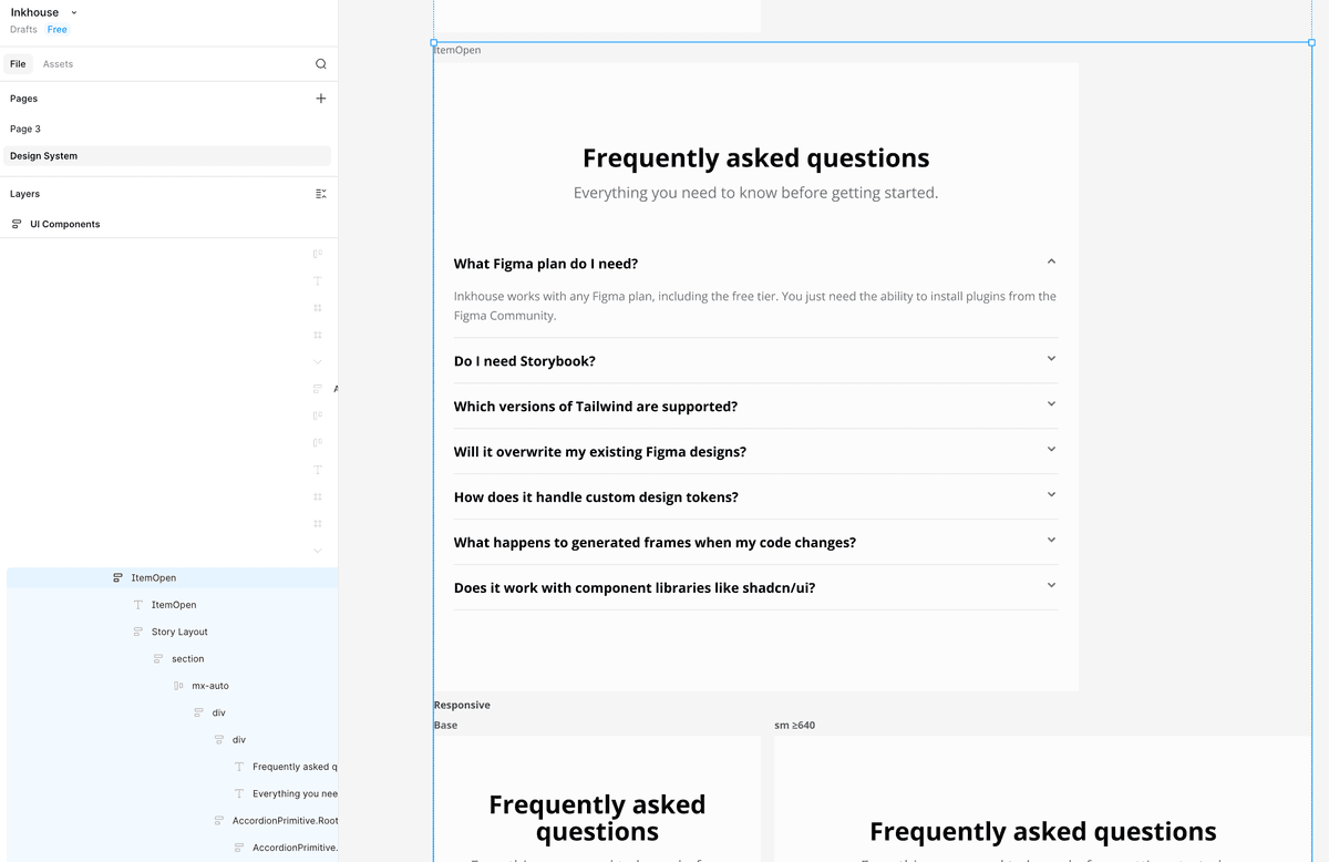 FaqSection accordion rendered in Figma by the plugin