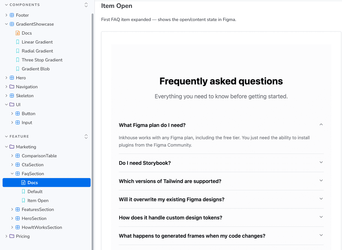 FaqSection accordion component in Storybook