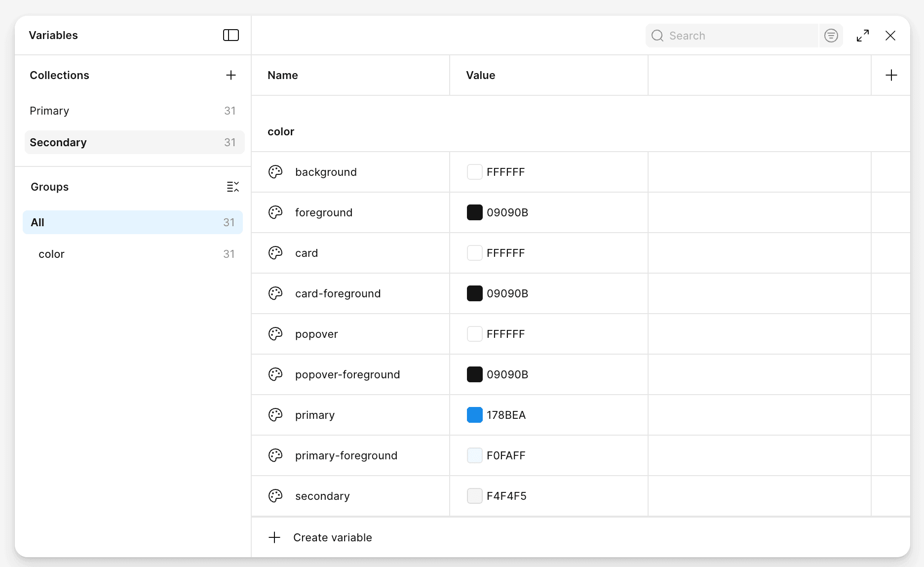 Figma Variables panel showing the Secondary theme colour tokens