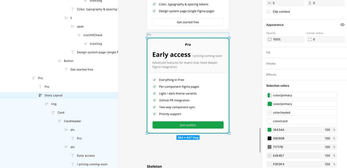 PlanCard frame in Figma with colour variables
